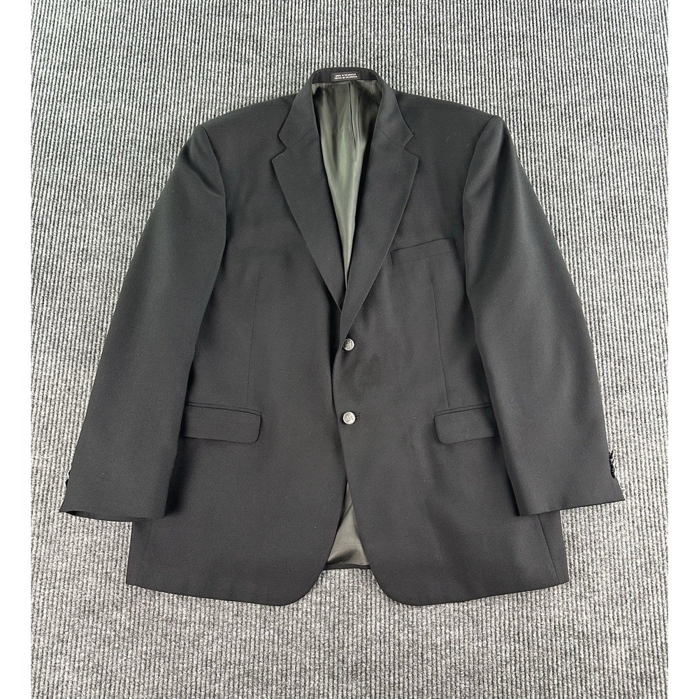 Stafford Blazer 46L Black Wool Hopsack Silver Crest Logo Buttons Vintage Preppy